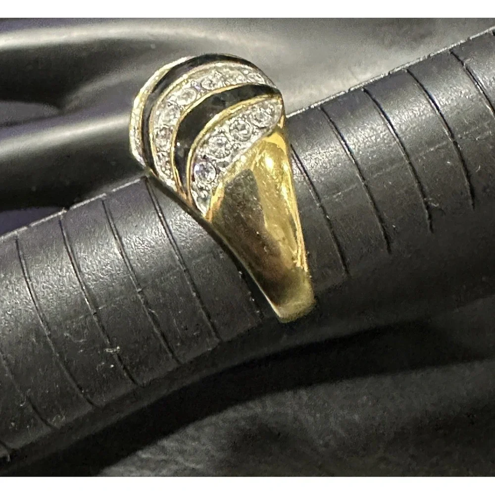 Black Enamel Clear Rhinestone Swirl Design Statement‎ Ring Gold Tone Sz 9 EDCO